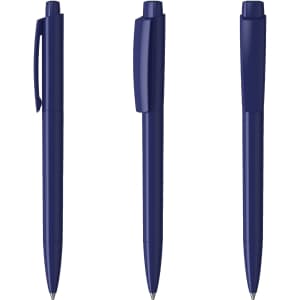 A set of navy blue plastic pens displayed from multiple angles, each featuring a clip and smooth barrel.