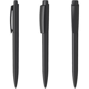 A collection of three black plastic pens with various designs, featuring clips and caps.