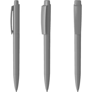 A set of three grey plastic pens with various cap designs, featuring a simple branding logo.