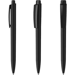 Three sleek black plastic pens showcased in different positions, each featuring a distinct style and a branding logo.