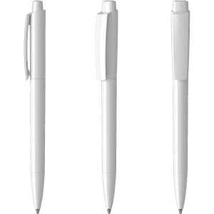 Three white plastic pens are displayed from different angles. Each pen features a clip and a glossy finish.