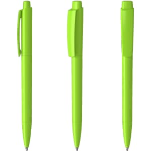 A set of three high gloss plastic pens in bright green, featuring a clip and a smooth finish.