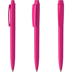 A set of three high-gloss plastic pens in vibrant pink, featuring different cap styles and a logo.