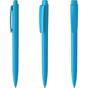 A set of three blue plastic pens with varying designs, featuring clips and smooth finishes. Each pen has a logo.