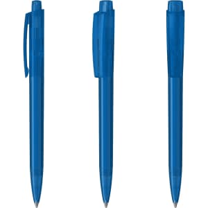 A set of three transparent blue plastic pens, showcasing different angles and a branding logo.