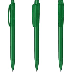 A set of green transparent plastic pens, featuring a sleek design and matching caps. The pens are displayed upright.