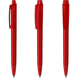 Three transparent red plastic pens positioned in various angles, featuring a clip and a smooth barrel design.