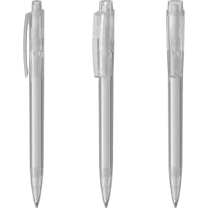 Three transparent plastic pens with a sleek design, featuring varying angles and a subtle silver clip.