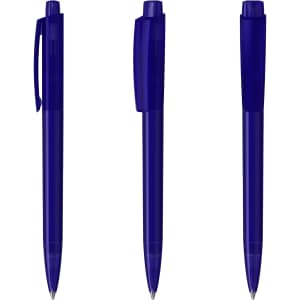 Three transparent blue plastic pens displayed from different angles, featuring a clip and a smooth design.