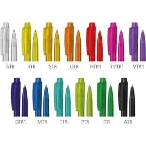 A collection of plastic pens in various colours including purple, orange, green, blue, and black, featuring logos.
