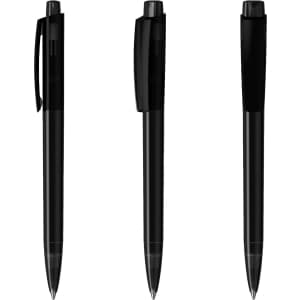 A set of three transparent black plastic pens, featuring a sleek design and clip for easy attachment.