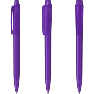A set of three transparent purple plastic pens with clips and a sleek design. Each pen features a logo.
