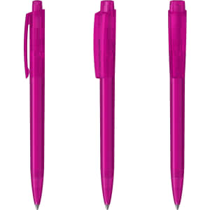 A set of three transparent pink plastic pens, featuring a click mechanism and clip designs.