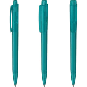 A set of transparent teal plastic pens, featuring a click mechanism and a clip. The pens have a smooth finish.