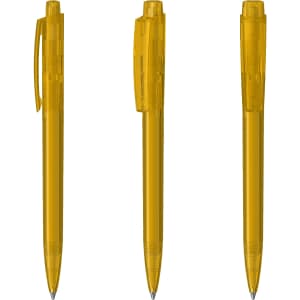 A set of three transparent yellow plastic pens with visible inner mechanisms and clips. Each pen has a different position.