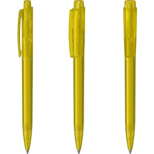 Three transparent yellow plastic pens with a glossy finish and click mechanism, featuring a logo on the body.