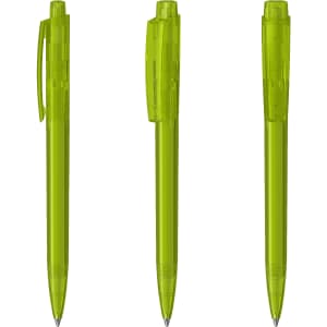 Three transparent green plastic pens arranged side by side, featuring different clip and barrel designs.