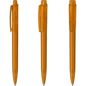 An orange transparent plastic pen, shown from three angles, featuring a clip and a smooth barrel design.