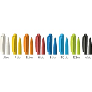 A collection of plastic pens in various colours, featuring a range of vibrant hues and a logo on each pen.
