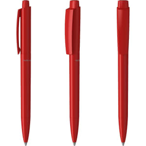 Three red plastic pens displayed from different angles, each featuring a clip and a smooth barrel design.