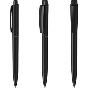 A set of three black plastic pens with clips and retractable mechanisms, featuring a simple design and branding.