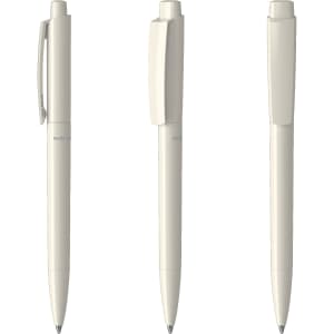 A set of three cream-coloured plastic pens, each displaying a different angle and design. Features a logo on the barrel.