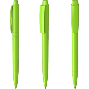 Three bright green plastic pens with a clip and cap, showcasing different angles and designs. Each pen has branding.