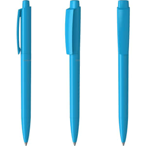A collection of three blue plastic pens with varying styles, each featuring a click mechanism and a logo.