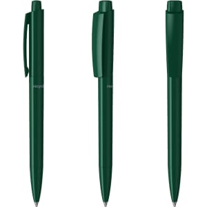 Three dark green plastic pens in various positions. Each pen features a clip and a smooth finish, along with a logo.