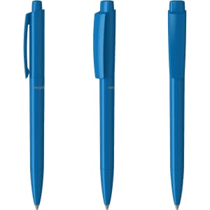 Three blue plastic pens with different caps positioned upright, featuring a logo on the barrel.