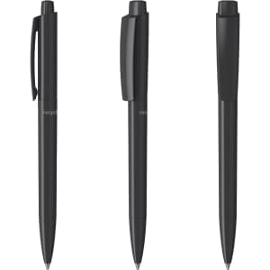 Three black plastic pens are displayed from different angles, featuring a logo on one side.