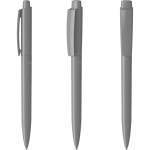 A set of grey plastic pens arranged in three positions, featuring a clip and smooth design. Each pen has a logo.