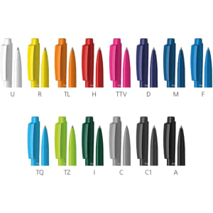 A collection of plastic pens in various colours, including white, orange, green, and black, featuring a logo.