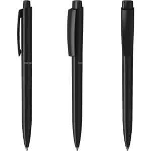 Three black plastic pens with a sleek design, featuring clips and caps, and a branding logo on the side.