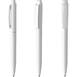 A set of three white plastic pens with a simple design and clips. Each pen features a logo.