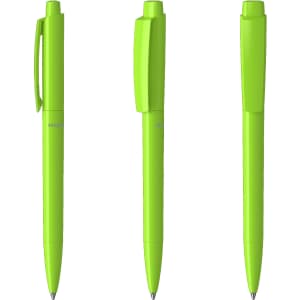 Three bright green plastic pens arranged in different positions, featuring a logo on one of the pens.