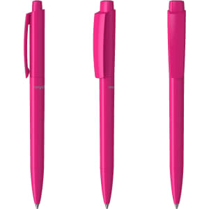 A set of three pink plastic pens with a clip and smooth barrel design, featuring a logo.