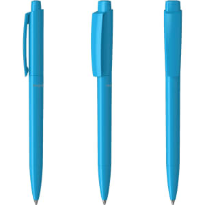 Three blue plastic pens displayed in different angles, featuring a clip and a smooth barrel design.