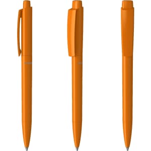 Three orange plastic pens displayed from different angles, each featuring a clip and a smooth barrel.