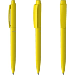 Three yellow plastic pens in various positions, featuring a branding logo on the barrel.