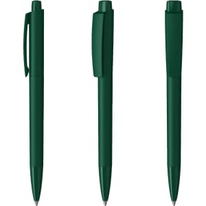 Three dark green plastic pens with a smooth glossy finish, featuring clips and click mechanisms.