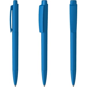 A set of three blue plastic pens with glossy finishes and clips, featuring a branding logo.