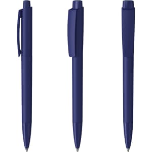 A set of navy blue plastic pens with a high gloss finish and a simple design. Each pen features a clip and cap.
