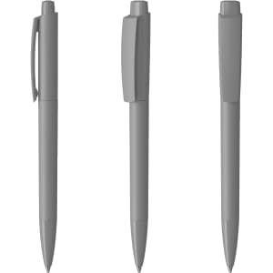 A set of three grey plastic pens, each with a different position: clipped, upright, and capped. The pens feature branding.