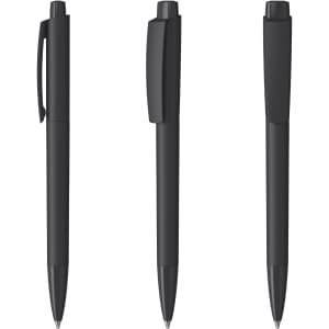 Three sleek, black plastic pens, featuring a clip and smooth design, positioned at different angles.