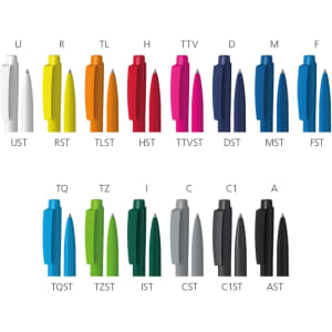 A collection of plastic pens in various colours including red, blue, yellow, green, pink, and black, featuring multiple styles.