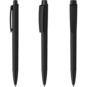 Three sleek black plastic pens with a high gloss finish and varying clip designs, accompanied by branding.