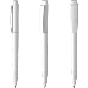 A white plastic pen with a sleek design, featuring a clip and a retractable mechanism. Includes a logo.