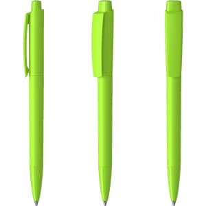 A set of three high-gloss plastic pens in vibrant lime green, featuring a streamlined design and clips.