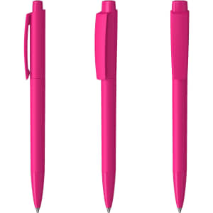 Three pink plastic pens with a high gloss finish, featuring different angles and a clip on each.